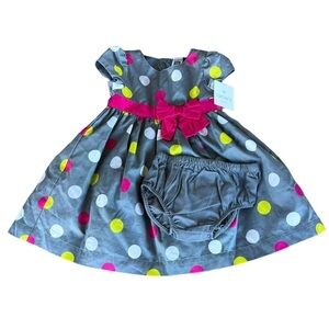 Carter’s Dress Me Up Polka Dot Dress Baby 12 Months Gray Pink Sash Bow Tulle NWT
